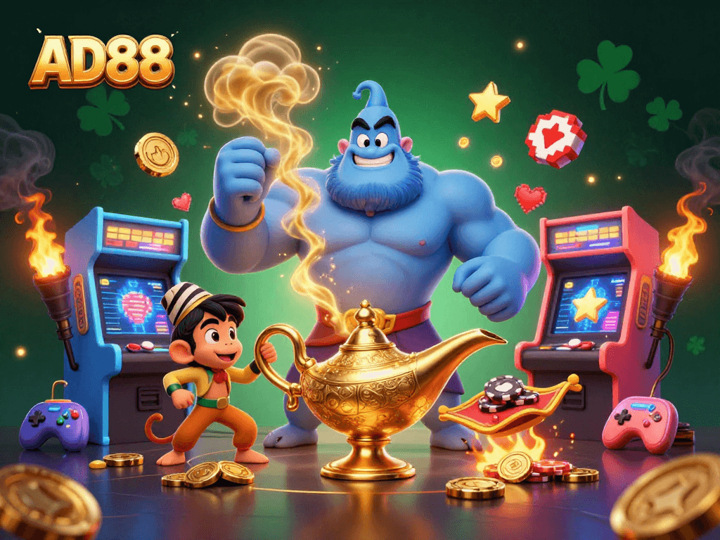 Experience the magic of AD88 with animated Genie, Poker Chips, and vivid game elements in a vibrant casino scene