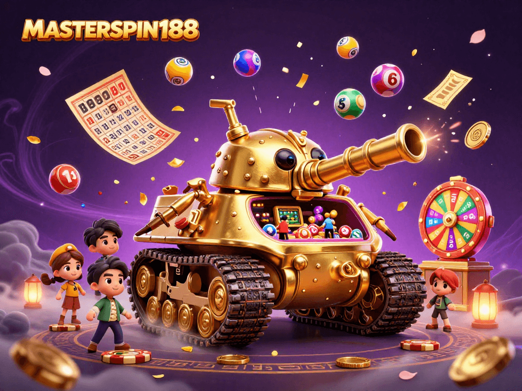 MasterSpin188 showcases dynamic lotto excitement with vibrant games and golden elements.