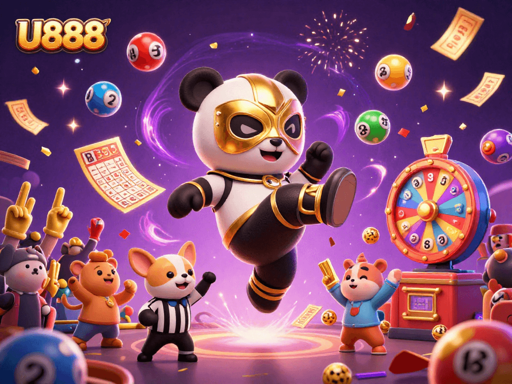Experience U888's thrilling excitement as a panda wrestler kicks amidst vibrant gaming elements and cheering fans.