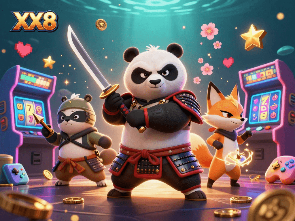 Spin to win with XX8's thrilling casino adventures featuring dynamic samurai panda and vibrant game elements.