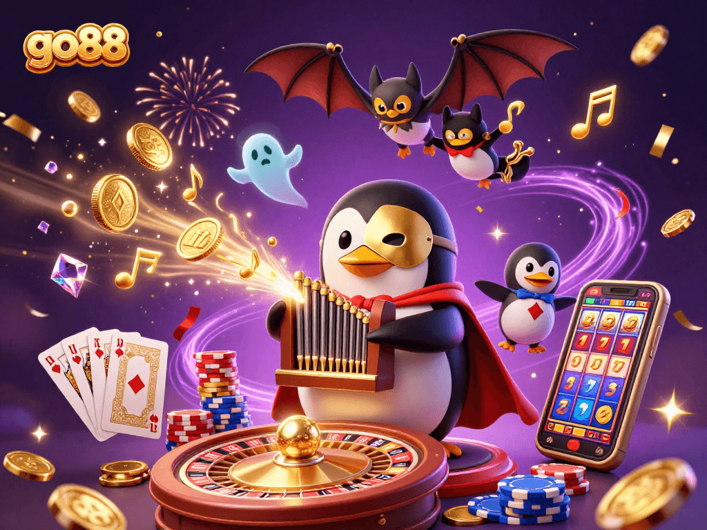 Experience the excitement of go88 with a vibrant casino scene full of characters and elements.