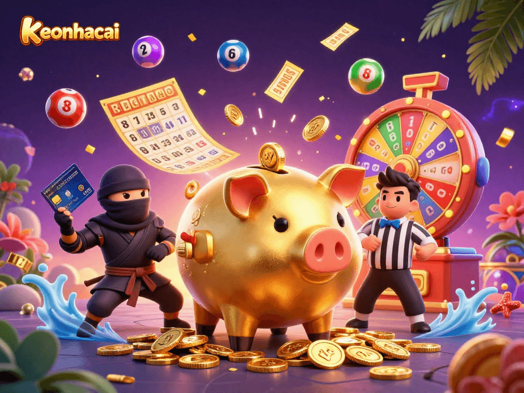 Engage with keonhacai's vibrant casino scene featuring a lively piggy bank wrestler amidst dynamic lottery elements.