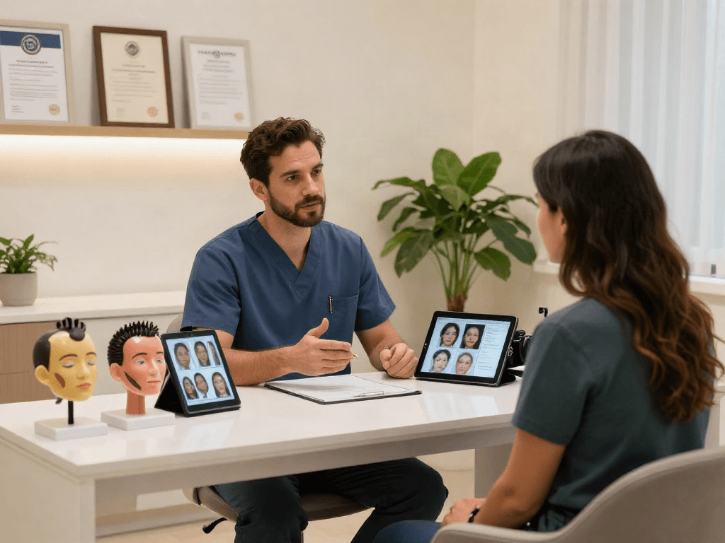 Consultation for hair transplant turkey showing surgeon and patient in a welcoming clinic setting.