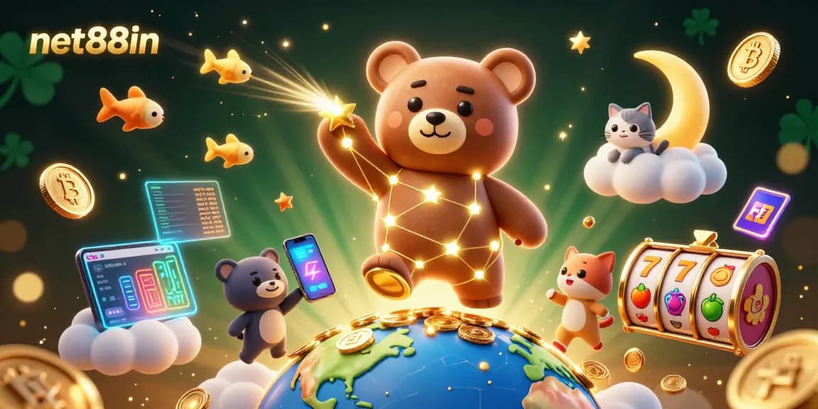 net88in showcases a vibrant 3D casino scene with constellation bear, crypto coins, and slot reels.