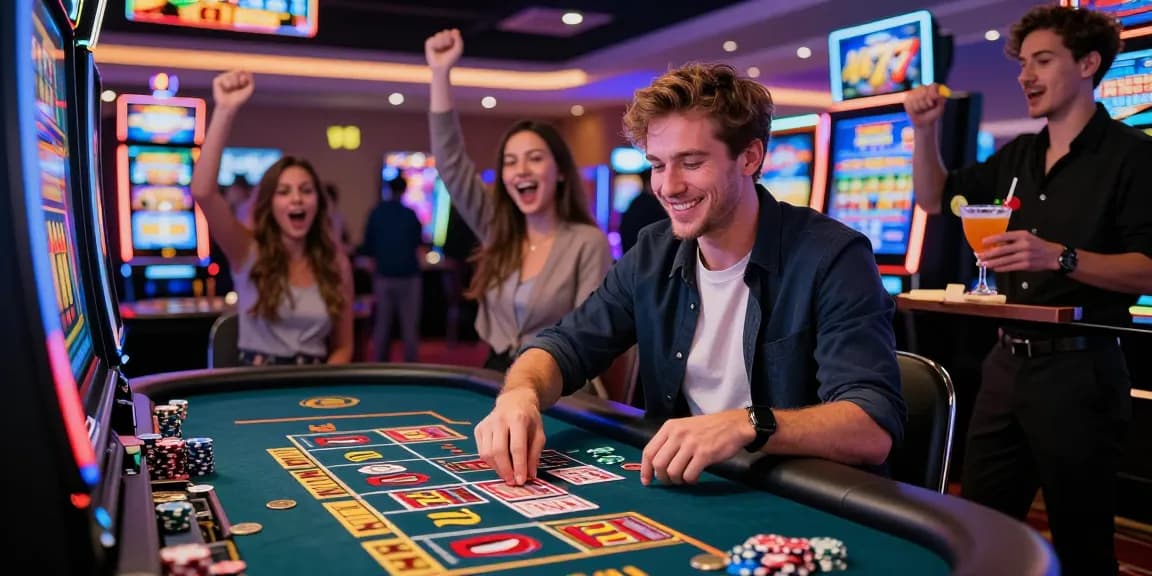 Excited player engaged with lucky77-themed slot machines in vibrant casino atmosphere.