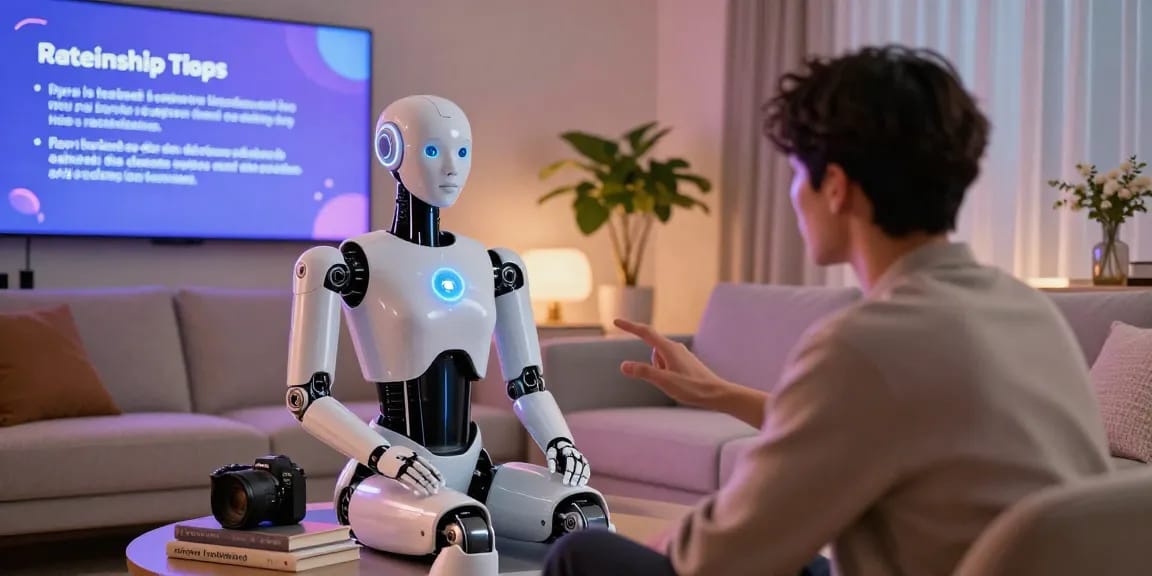 The intimate interaction between a person and a humanoid sex bot in a modern living space, showcasing advanced AI design and technology.
