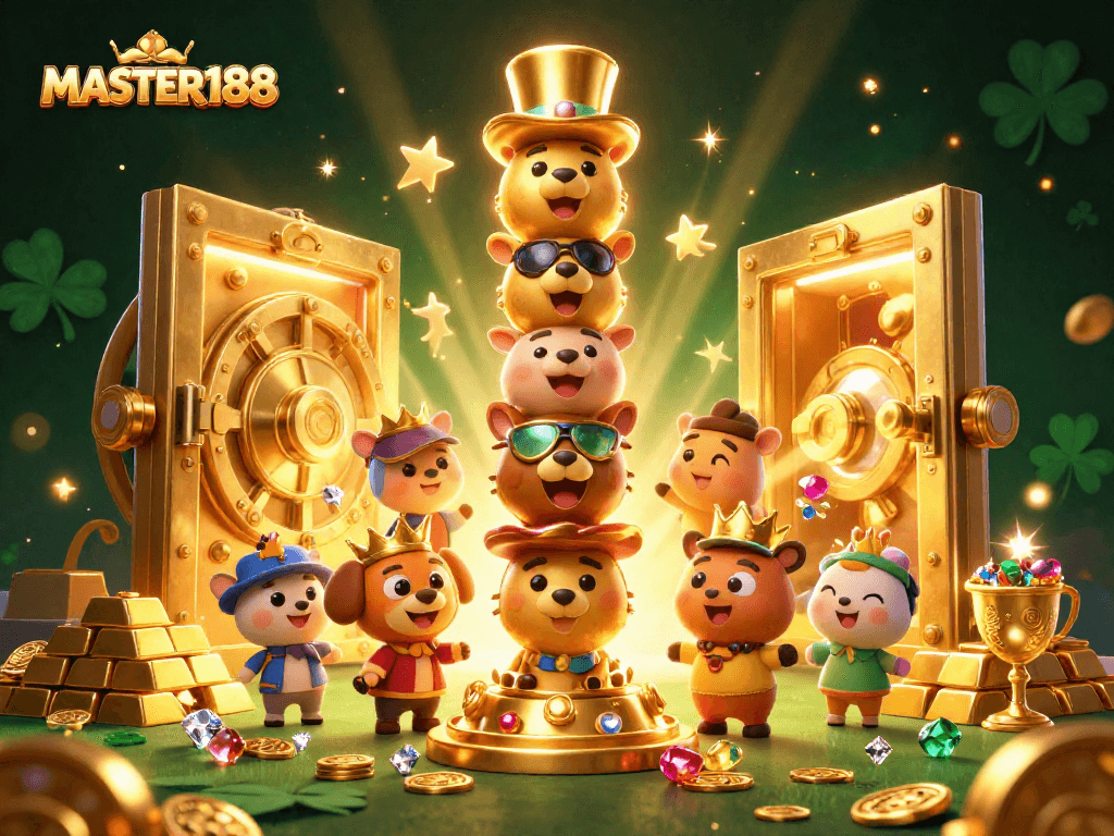 Engage with MASTER188's vibrant casino scene, featuring dynamic golden elements and a totem pole setup.
