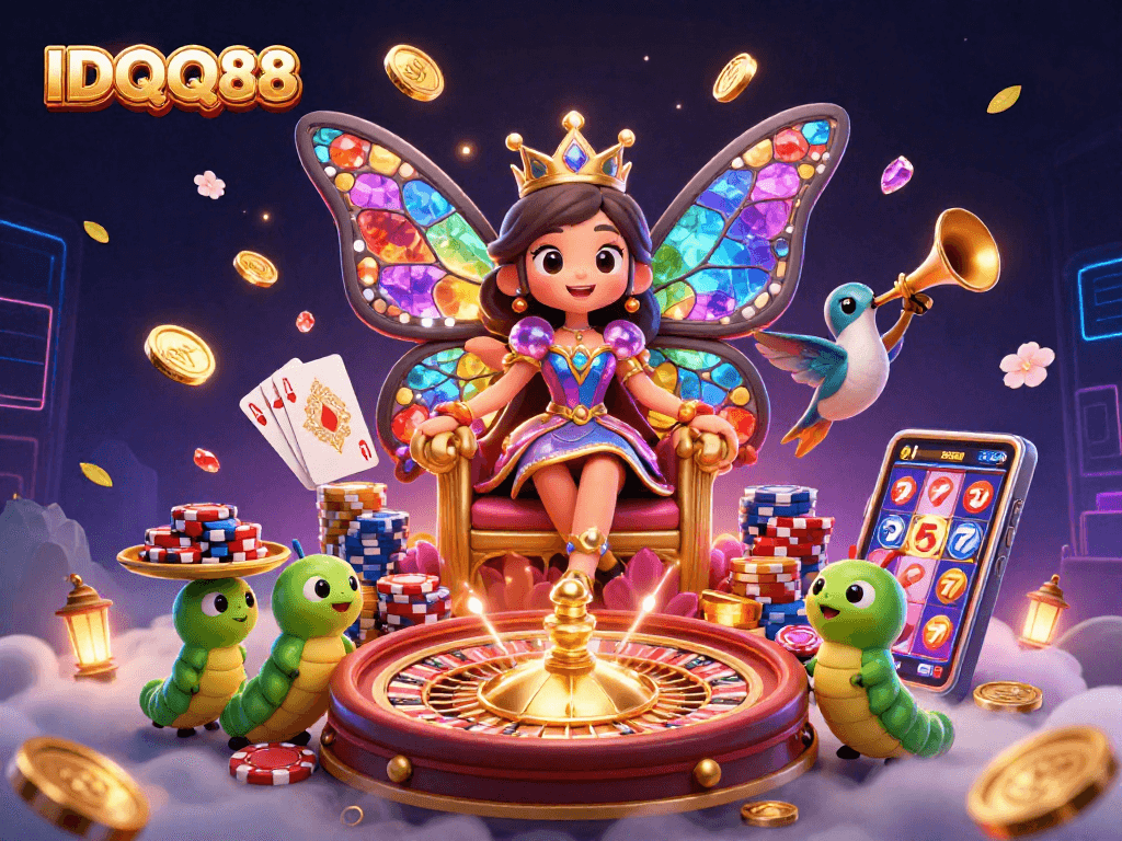 Experience the excitement of IDQQ88 with vibrant characters and rich casino elements in this 3D illustration.