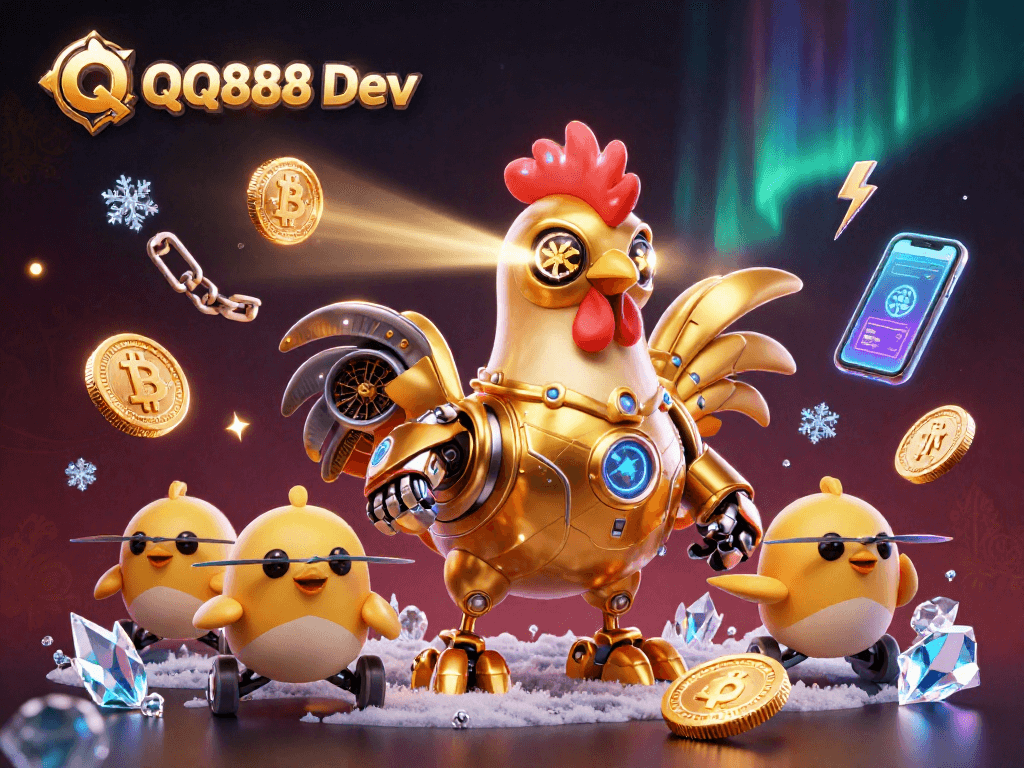Engage with QQ888 Dev in this dynamic casino-themed 3D illustration featuring a futuristic rooster robot.