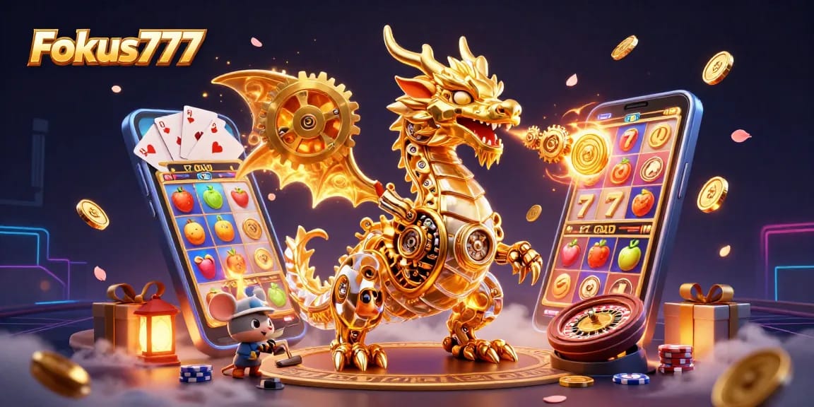 Engage with the thrilling world of Fokus777 online slots as a golden dragon breathes golden gears amidst dynamic game elements.