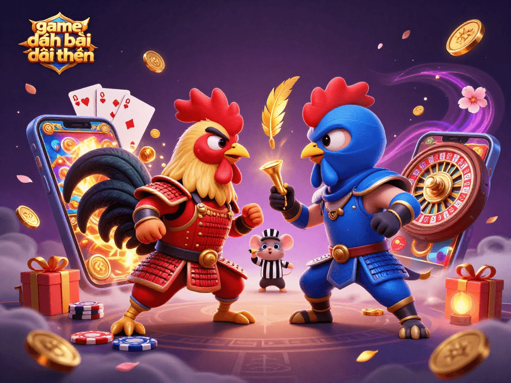 Engaging scene showcasing game đánh bài đổi thưởng with cartoon roosters, casino elements, and thrilling action.