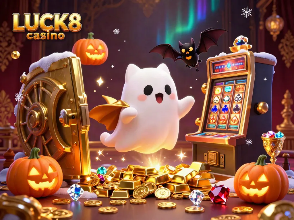 Experience the thrill of LUCK8 casino with a spirited ghost cat and vampire bat in a treasure-filled scene.