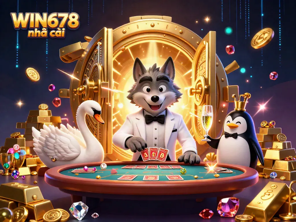 Experience the elegance of WIN678 nhà cái with a debonair wolf, swan dealer, and penguin sommelier at a vibrant baccarat table.