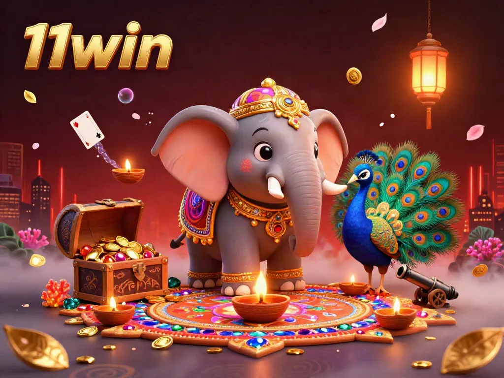 Experience the vibrant celebration of 11win with a colorful 3D elephant and peacock in a packed casino-themed scene.