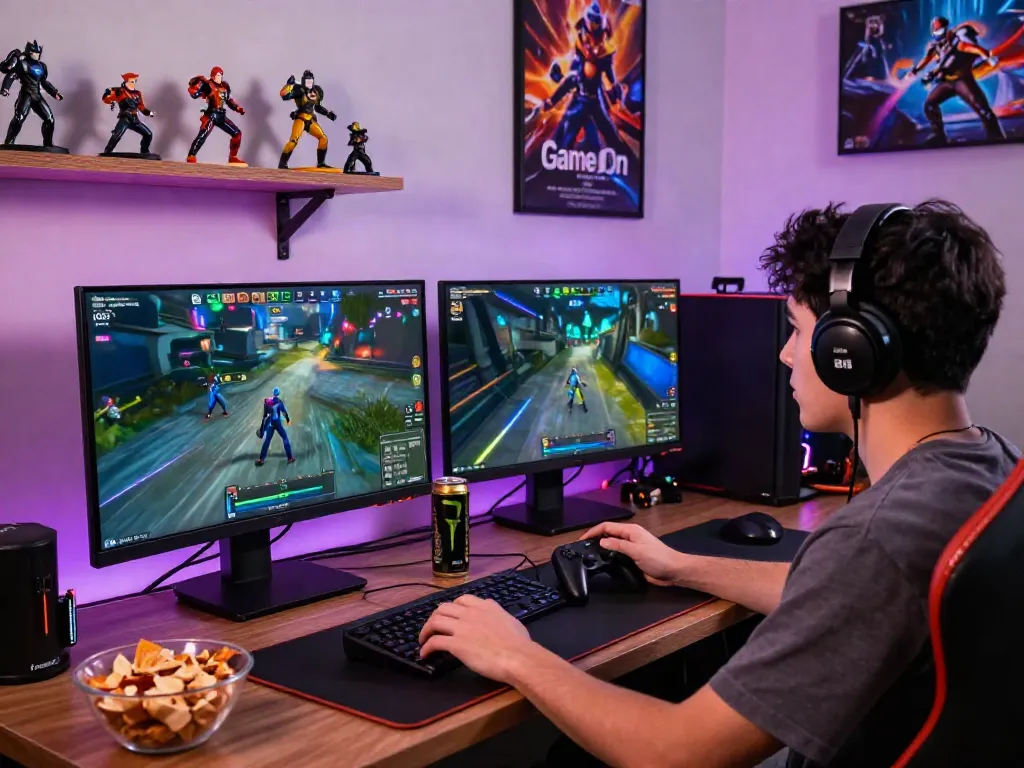 Gamer immersed in akunjp online gaming with dual monitors and vibrant room.