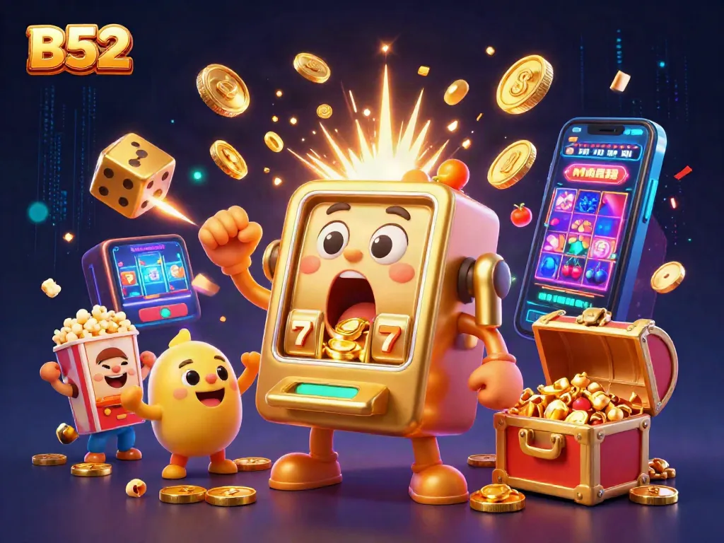 B52 slot machine celebrates a jackpot win, conveying excitement with coins and vibrant casino elements around.