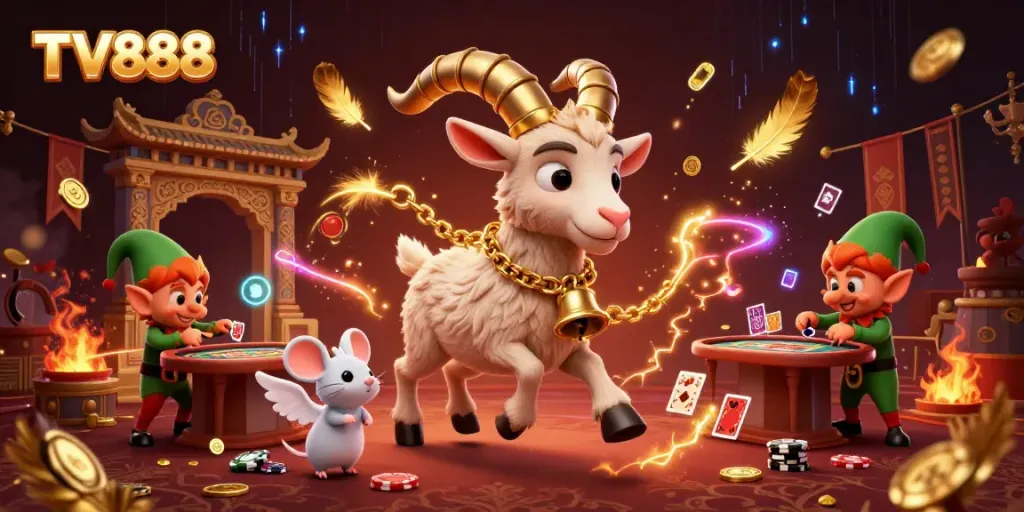 Experience thrilling gameplay at TV888 with a dynamic casino scene featuring festive characters.