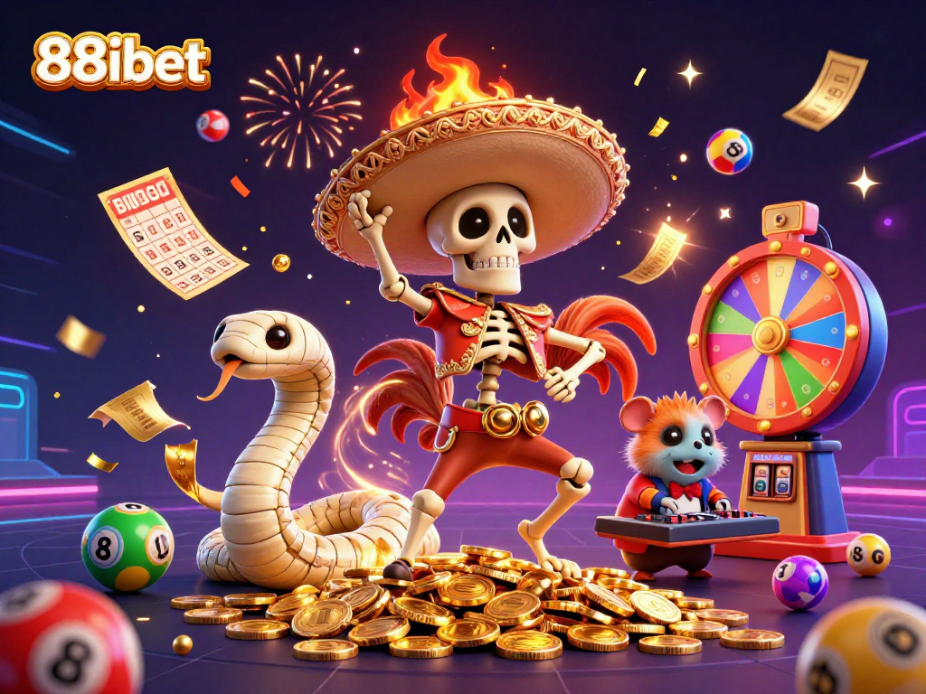 88ibet engages players with lively cartoon characters celebrating on a treasure trove of coins.