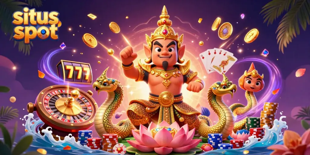 Menghadirkan situs slot dengan simbol keberuntungan 7 bertaburan koin emas dan elemen kasino