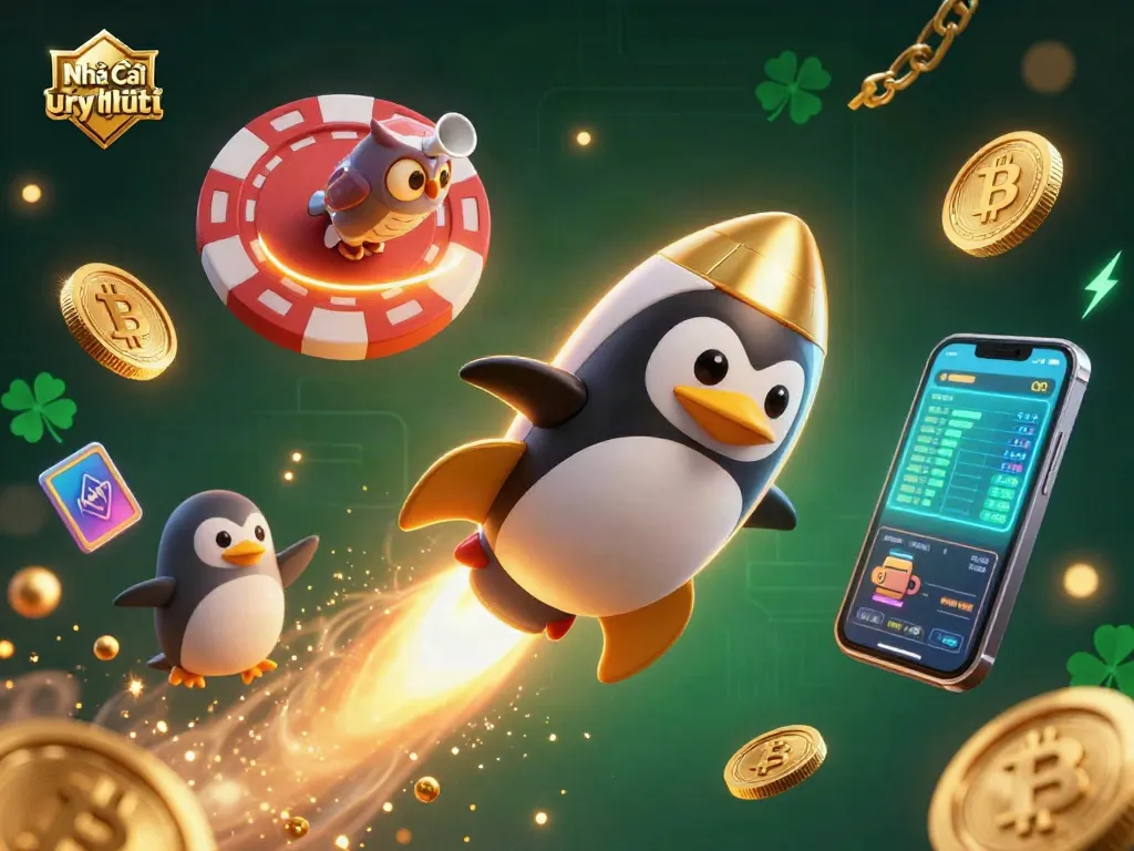 Engage with Nhà cái uy tín through vibrant 3D casino illustration showcasing golden penguin and crypto elements.
