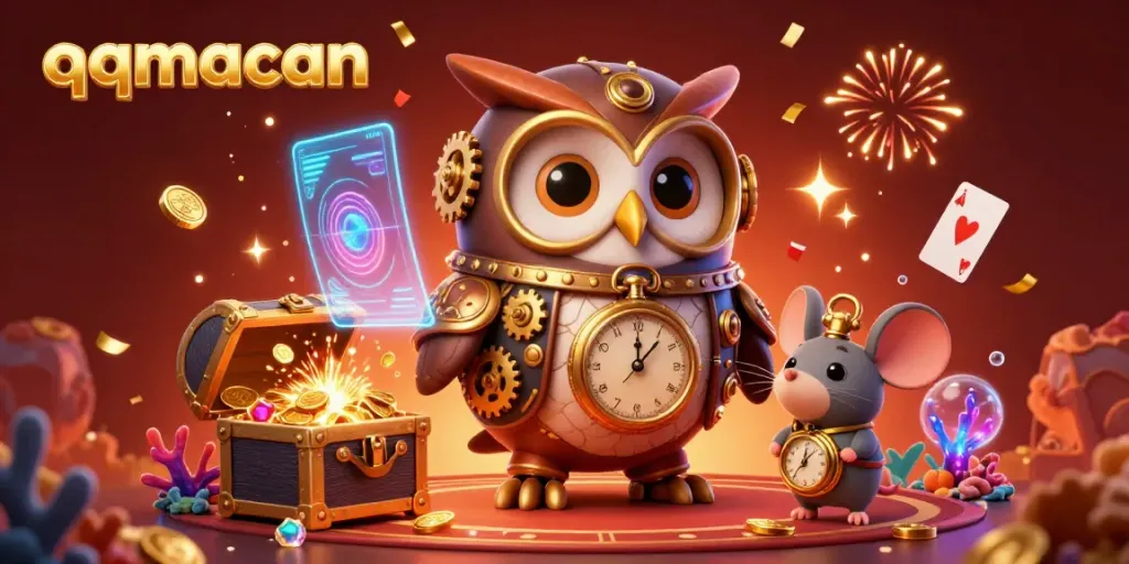 Experience the thrill of the virtual casino with qqmacan, featuring a steampunk owl and vibrant gold coin effects.