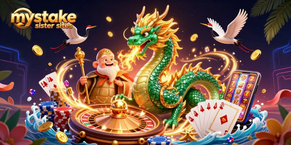 Experience engaging action at mystake sister sites, featuring a vibrant dragon, turtle sage, and dynamic casino elements.