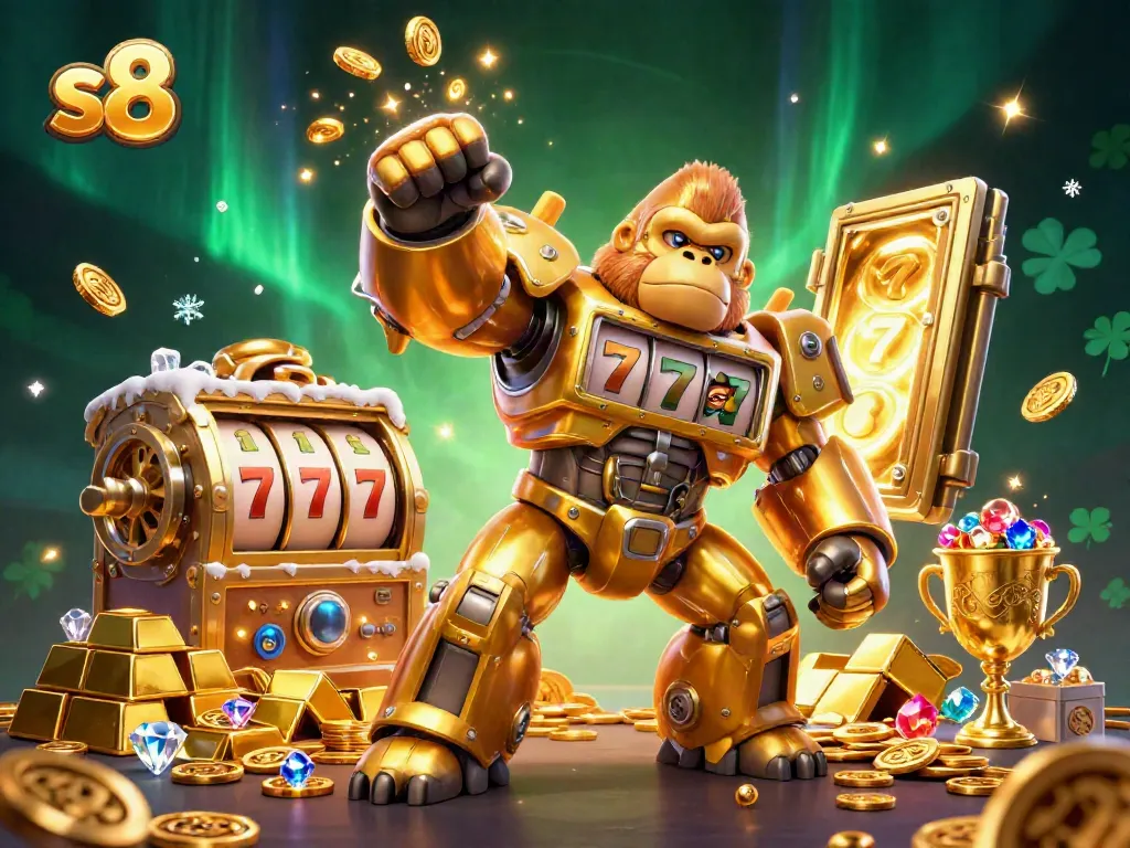 Experience thrilling jackpots with the s8 golden gorilla mech amidst a treasure-filled casino.