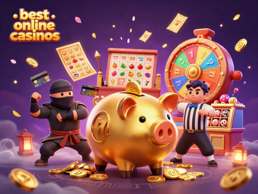 Engage in thrilling action at the best online casinos where a golden piggy bank sumo wrestler showcases unmatched power amidst colorful slot-themed elements.