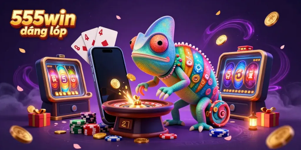 Engaging scene depicting a chameleon casino owner showcasing gaming elements for 555win đăng nhập.