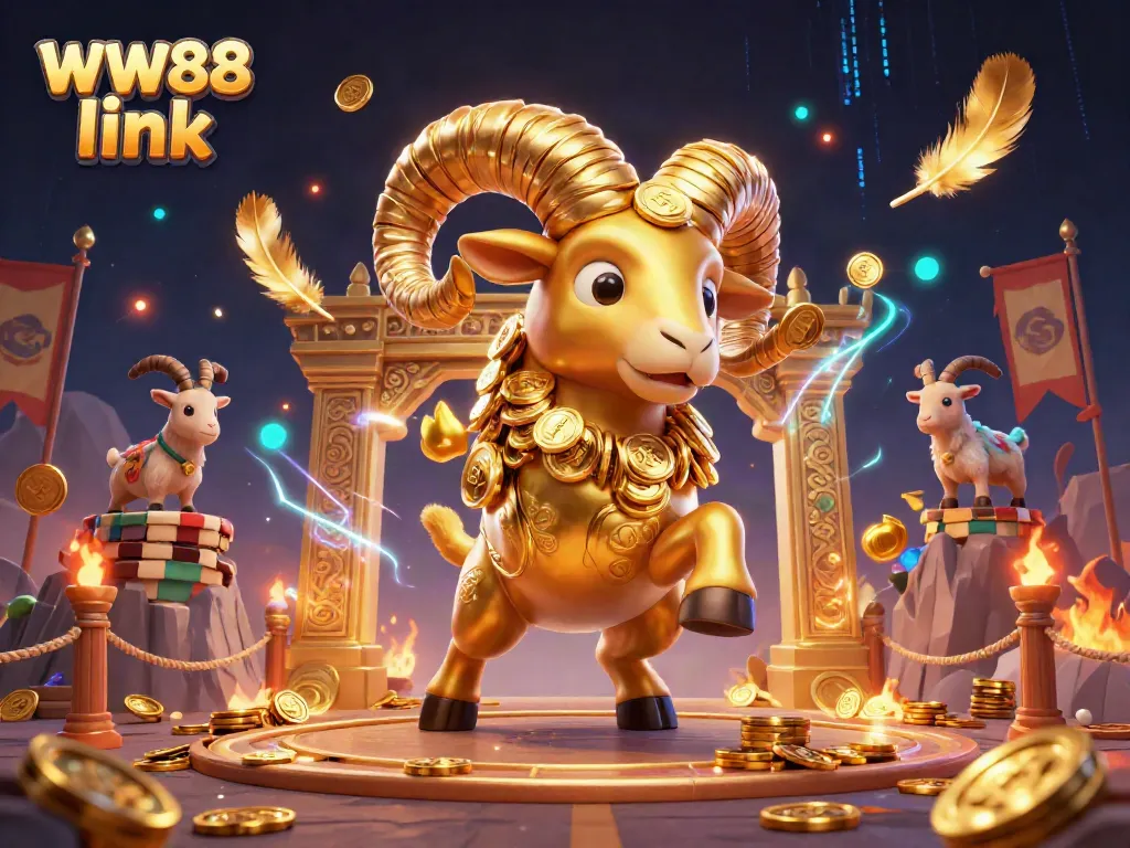Experience the excitement of WW88 link with a dynamic 3D scene of a golden ram charging through a casino gate surrounded by vibrant elements.