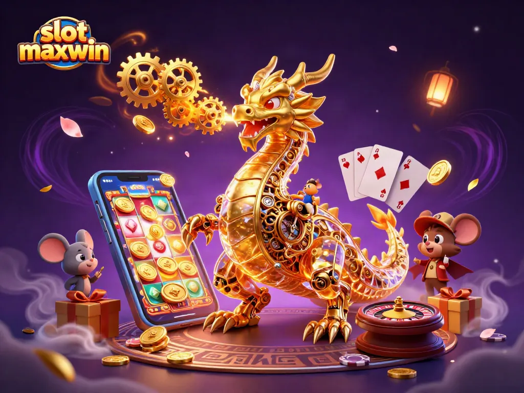 Engage in the excitement of slot maxwin with a vibrant 3D dragon and dynamic gaming elements.