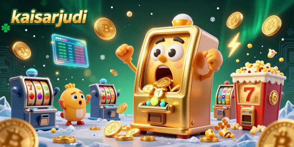 Kaisarjudi slot machine winning with glowing coins, showcasing exhilarating casino fun.