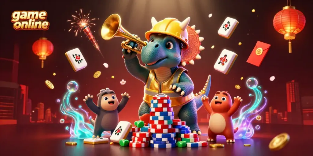 Engage with exciting game online action featuring a triceratops celebrating in a vibrant casino scene.