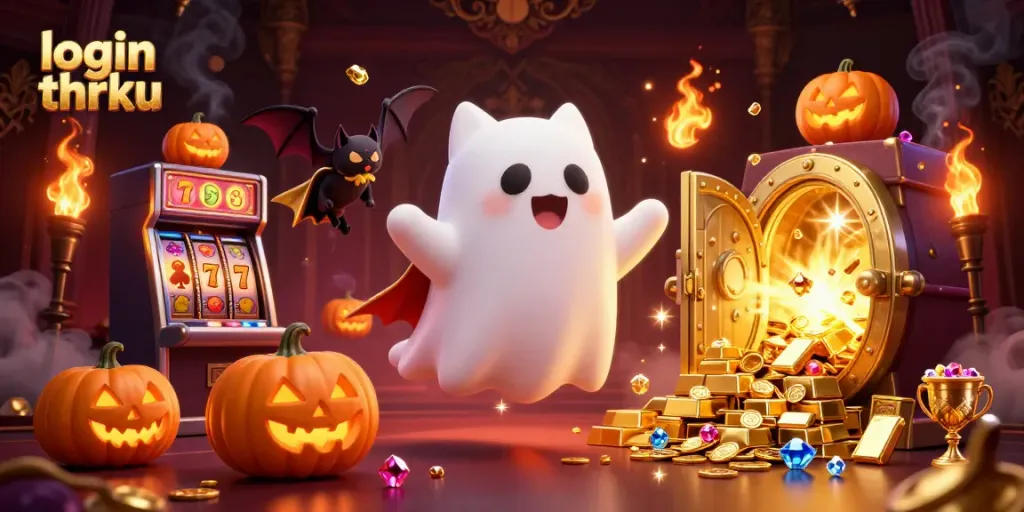 Engage with login thrku featuring a cartoon ghost cat and vampire bat among glowing casino elements.