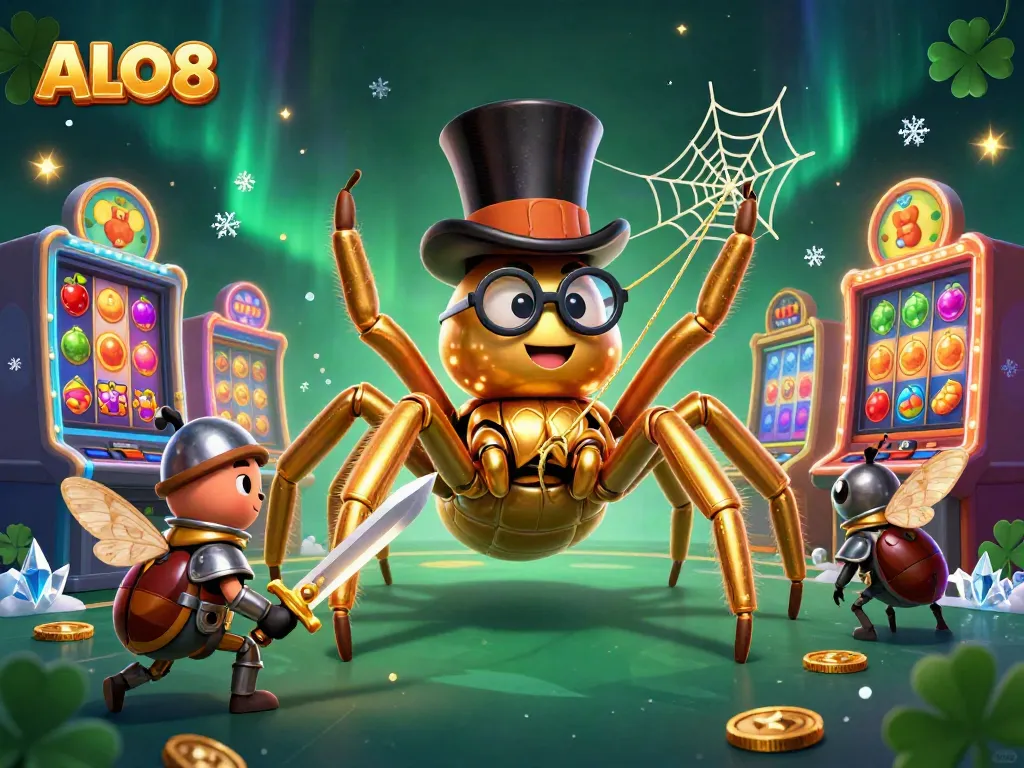 Experience thrilling slots with ALO8, featuring a playful golden tarantula and knight in a vibrant casino.