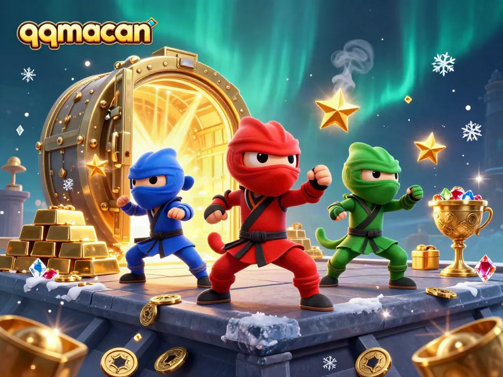 qqmacan showcases ninja chameleons amidst gold treasures and explosive action in an online casino environment
