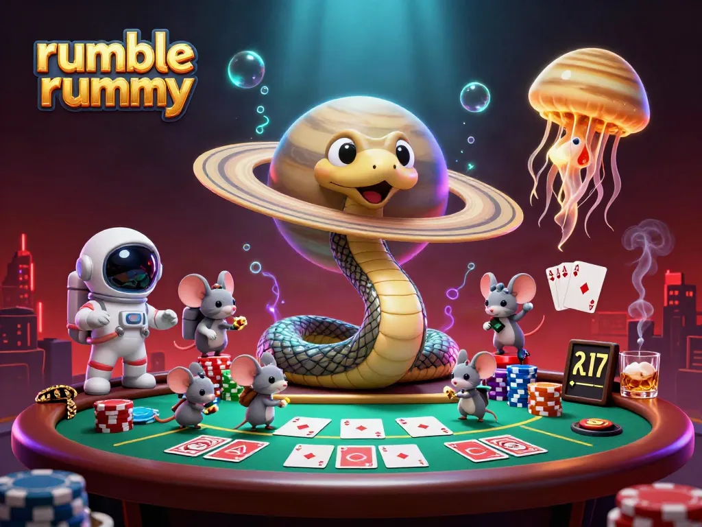 Experience the excitement of rumble rummy as astronaut mice place bets on a cosmic roulette wheel with vibrant casino elements.