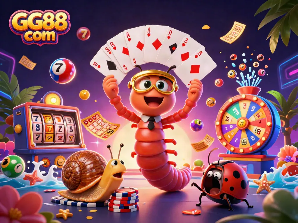 Experience gaming excitement at GG88 com featuring dynamic characters, slot reels, and vibrant game elements.