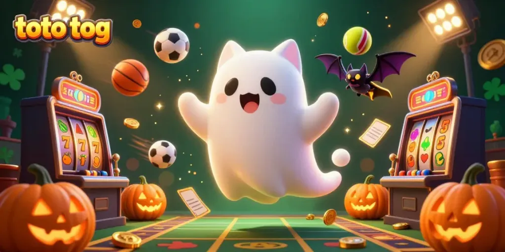 Get lucky with the toto tog in this vibrant haunted casino scene featuring a ghost cat and fruit symbols.