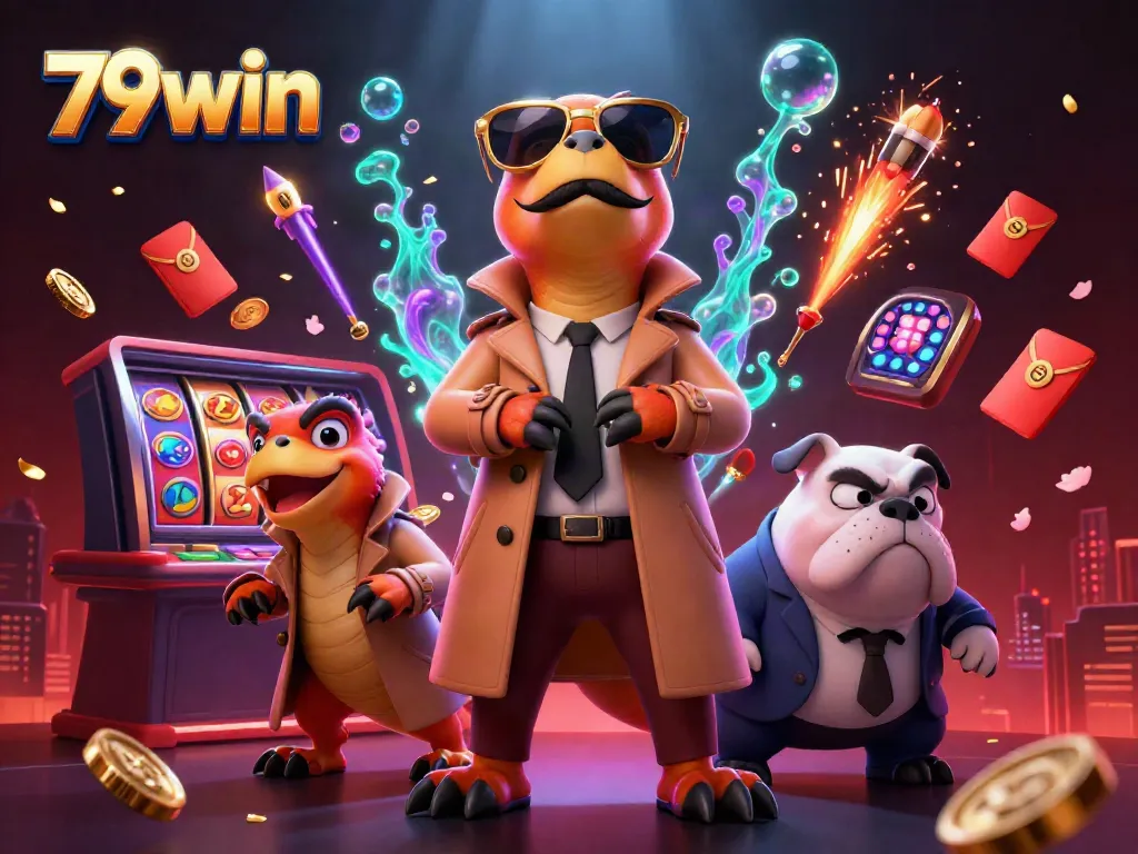 Experience the thrill of 79win with three raptors in a trench coat entering a casino, surrounded by vibrant game elements.