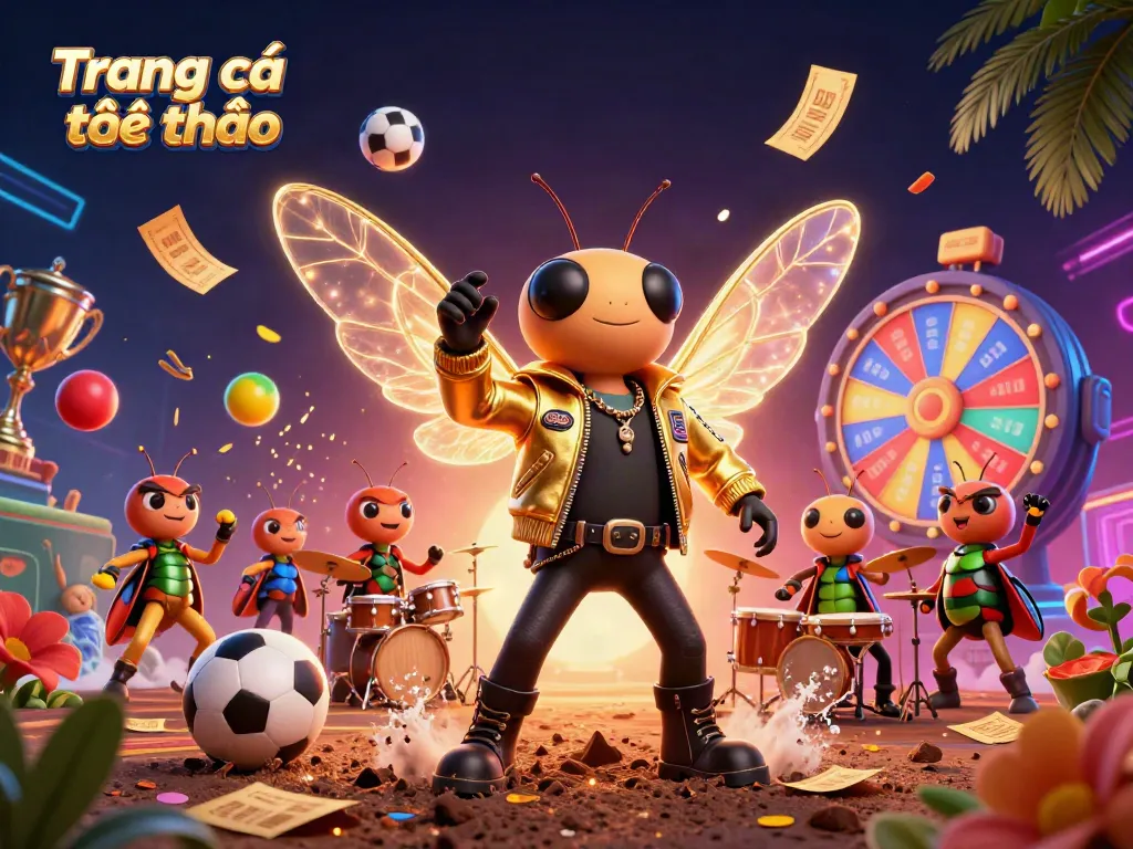 Bustling scene of Trang cá cược thể thao featuring a cicada rock star, sports balls, and vibrant elements.