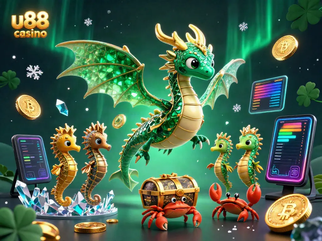 Experience the excitement of u88 casino with a dazzling emerald sea dragon and crypto-themed treasure.