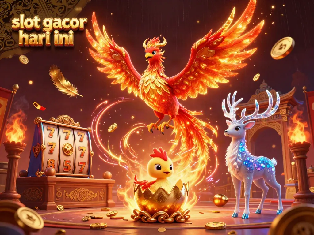 Engage with slot gacor hari ini through a vibrant scene of phoenixes and mystical elements in a dynamic casino atmosphere.
