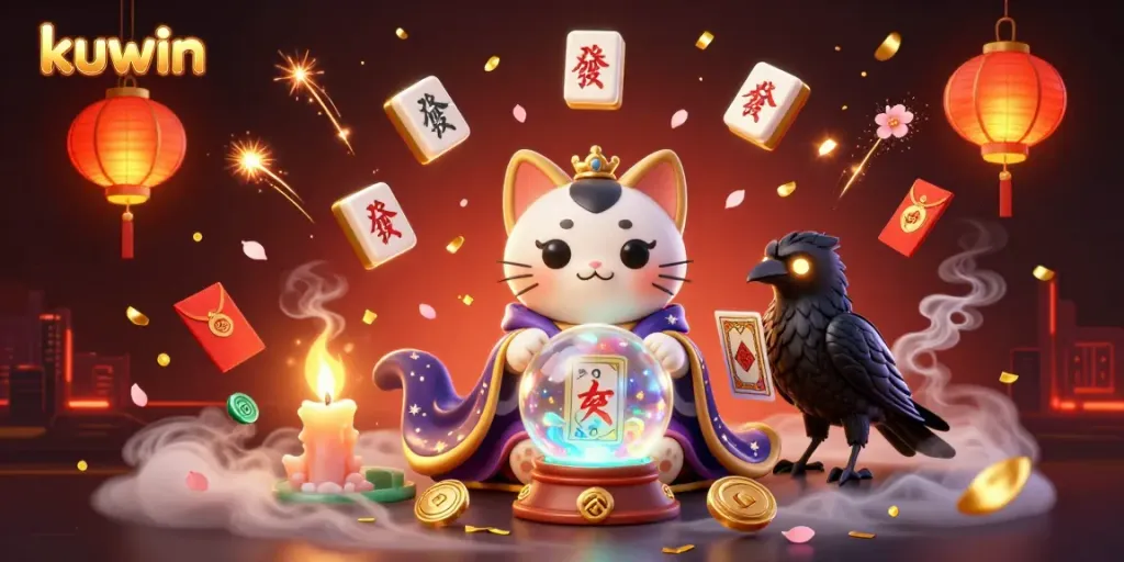 Experience kuwin's vibrant casino magic with a mystical cat, glowing raven, and festive decorations.