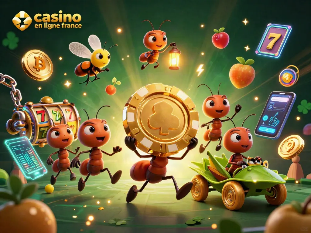 Play exciting games at casino en ligne france with ants carrying a giant poker chip amidst vibrant casino elements.