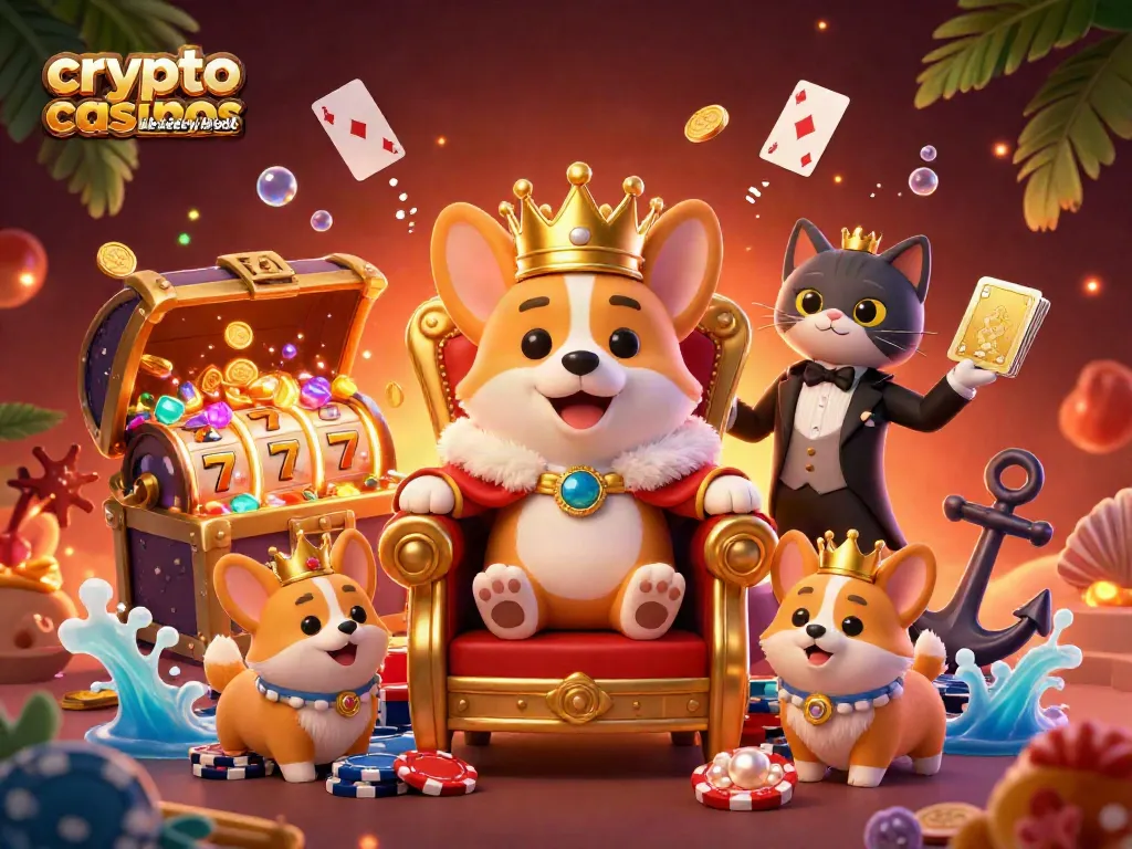 Explore crypto casinos like Lucky Block with our cartoonish royal corgi king in a vibrant gaming scene.