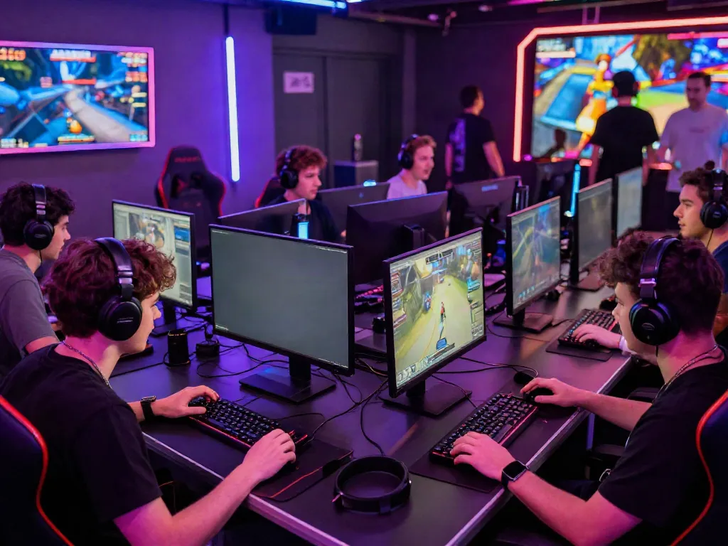 Dynamic scene of players enjoying competitive game online in a vibrant arena.
