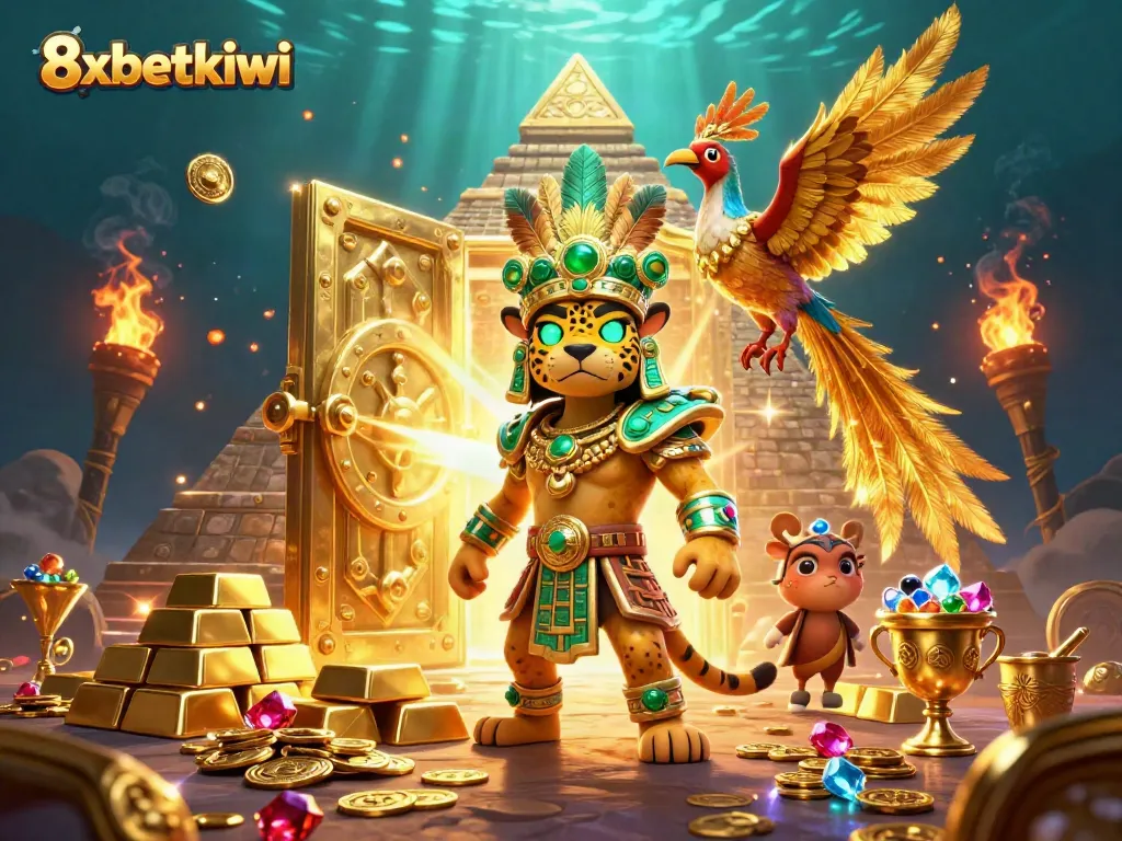 Experience the thrill of 8xbetkiwi with a vibrant Mayan theme showcasing riches, excitement, and dynamic casino elements.