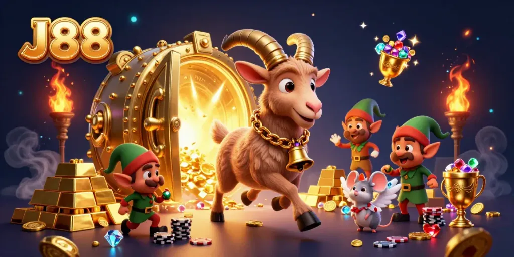 Experience the excitement at J88 casino as Krampus manages chaos with angel mouse and elf gremlins in a vibrant 3D scene.