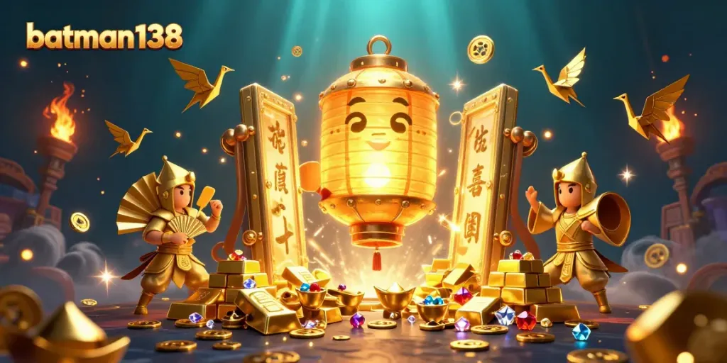 Experience batman138 with captivating golden elements and enchanting characters in a lively casino scene.